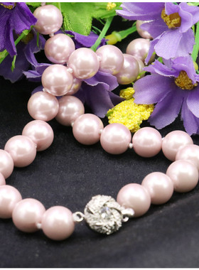 10mm圆珠粉色玻璃珍珠项链 配太阳花扣DIY贝珠手工串项饰简约饰品