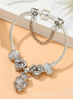 情侣爱心串珠心形水晶狮子吊坠手链女 diy时尚串珠银色魅力手链