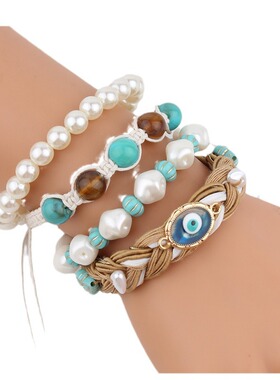 欧美跨境天然珍珠手链恶魔之眼多层叠戴手环手工编织手串饰品批发