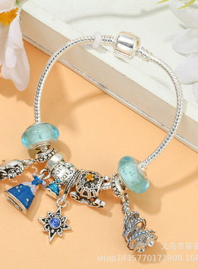 卡通公主吊坠和高跟鞋魅力手链女 DIY合金皇冠雪橇车串珠手链潘家