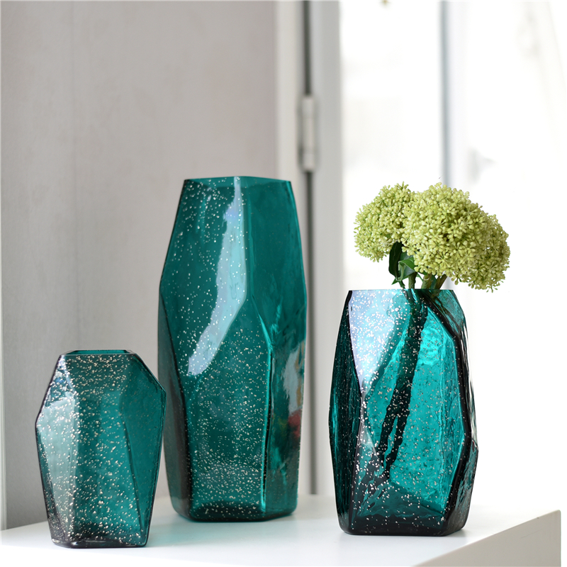 欧美尾货手工器皿多面金星气泡创意玻璃花瓶绿色花器台面软装装饰 - 图1