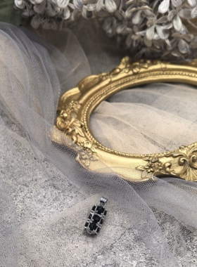 日本海外vintage中古黑色钻镶嵌立体几何吊坠项链孤品