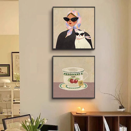 女人与猫中古风客厅装饰画小众艺术餐厅组合壁画法式复古卧室挂画 - 图0