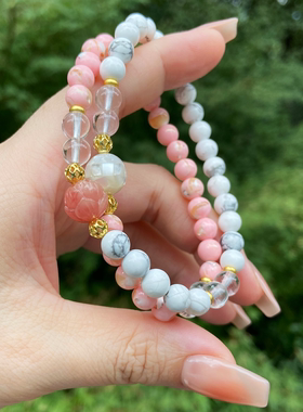 甜美粉色系贝壳松白松石双圈手串中式复古文艺莲花马赛克珠手链