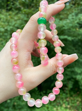 新中式桃花粉飘花玉髓圆珠双圈手链蜜桃玉髓搭绿玉髓红玛瑙手串