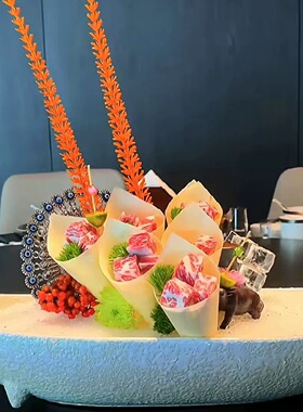 一次性牛角杯木皮船刺身拼盘装饰