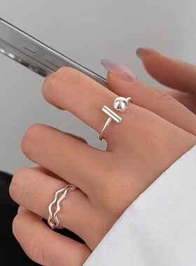 925纯银双层波浪圆珠戒指素圈小众开口戒女高级感食指戒