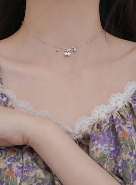 s925纯银闪钻樱桃圆珠项链设计感小众水果锁骨链女白银轻奢