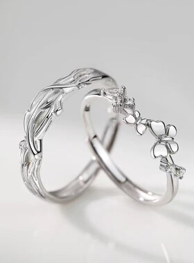 925银羽化成蝶情侣对戒素圈开口戒男女轻奢高级食指戒