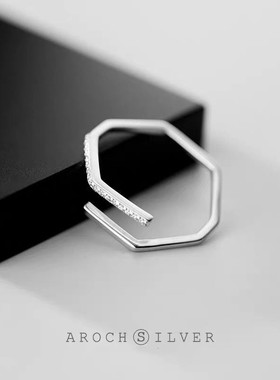 韩版几何镶钻多边形饰品银戒指