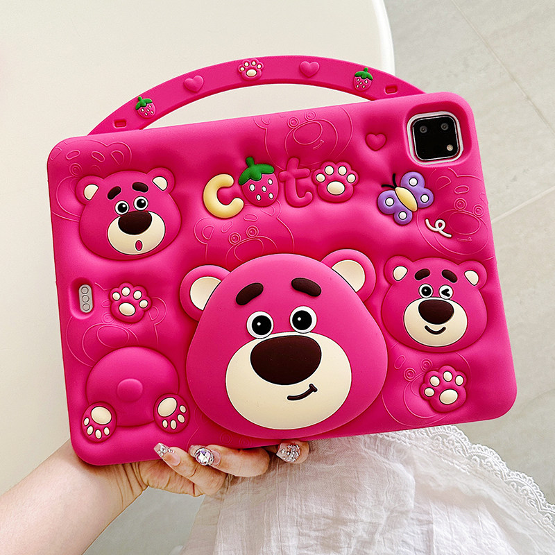 手提草莓熊iPad11硅胶保护壳10代伸缩支架Air5防摔壳mini6软壳10.2寸适用ipad5/6可爱9.7寸平板套pro11第三代,淘宝优惠券,粉丝福利购,淘宝优惠卷