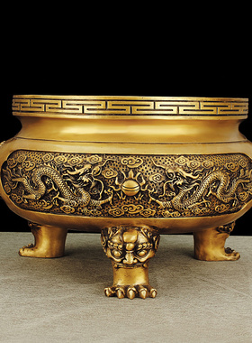 铜香炉黄铜家用龙戏珠祠堂特大号寺院供奉双龙鼎寺庙香炉佛具复古