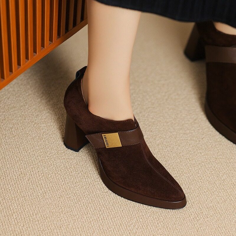 10cm复古尖头粗跟深口单鞋女2025春秋新款磨砂防水台真皮超高跟鞋,淘宝优惠券,粉丝福利购,淘宝优惠卷