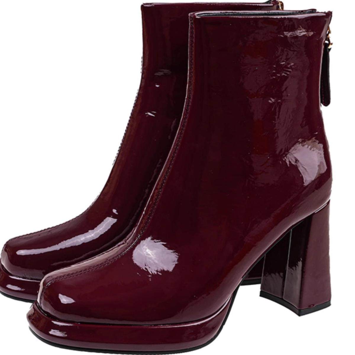 粗跟方头高跟靴2025冬季新款亮皮马丁靴短筒时装靴防水台短靴厚底,淘宝优惠券,粉丝福利购,淘宝优惠卷