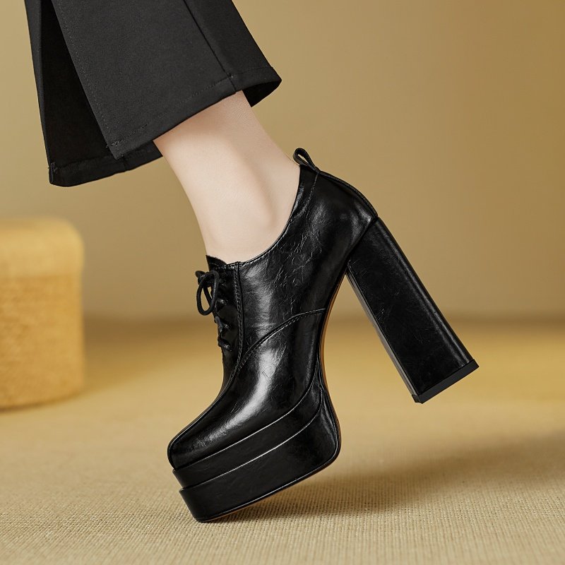 防水台深口超高跟鞋女秋季圆头粗跟小个子厚底不累脚系带单鞋黑色,淘宝优惠券,粉丝福利购,淘宝优惠卷