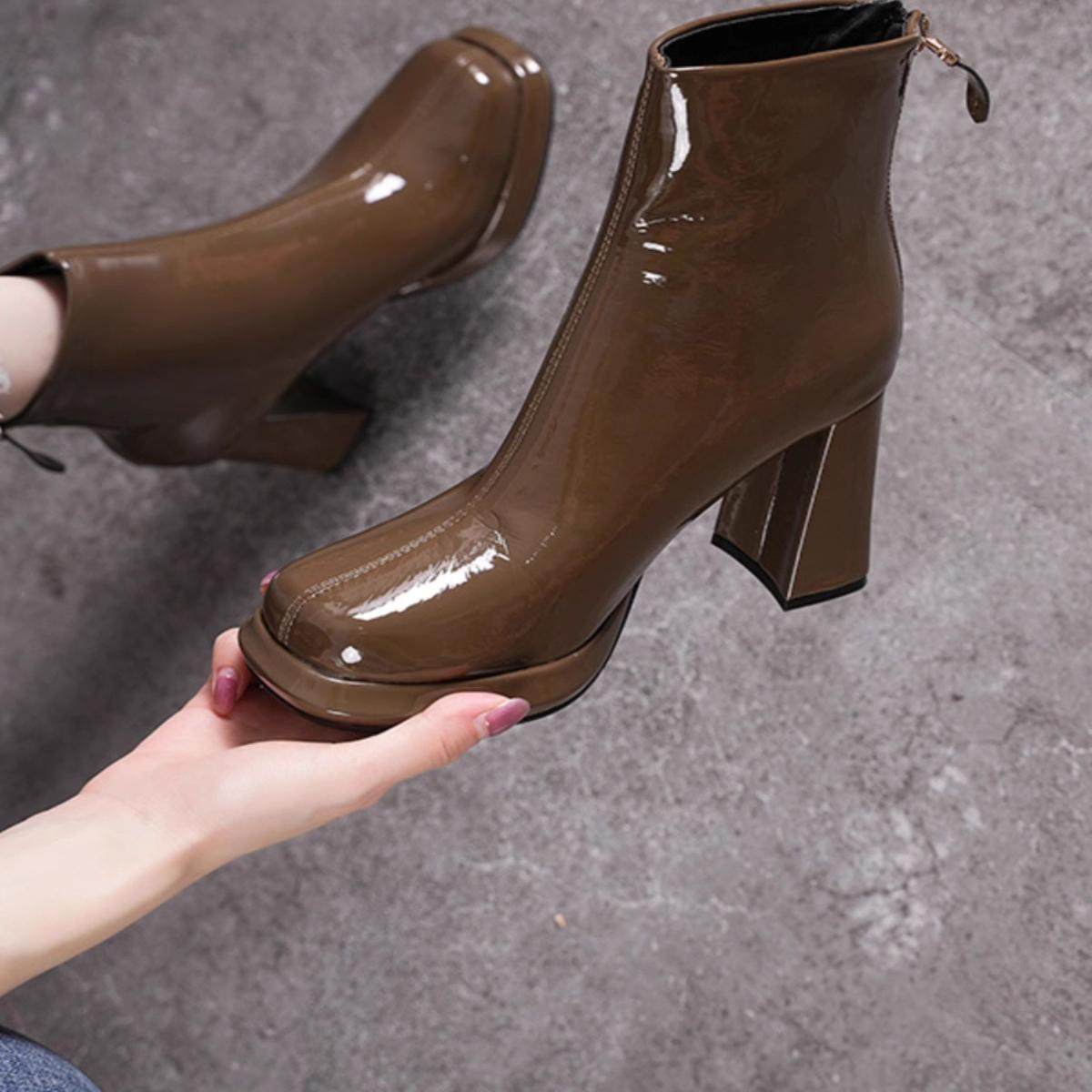 粗跟方头高跟靴2025冬季新款亮皮马丁靴短筒时装靴防水台短靴厚底,淘宝优惠券,粉丝福利购,淘宝优惠卷