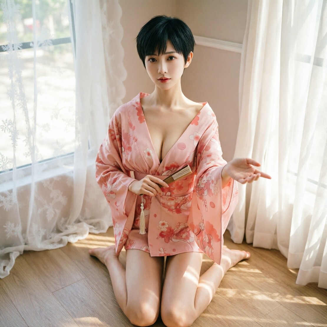 喵仆酱「桃花树下」甜美猫咪印花和服闺房私拍樱花睡衣粉嫩浴袍女