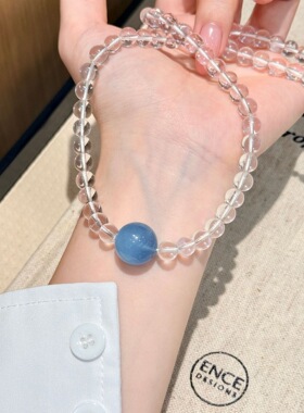 s925纯银天然白水晶串珠海蓝宝项链女高级感夏季轻奢小清新锁骨链