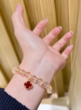 2026新款天然白水晶白贝四叶草盘缠手链女高级小众清新红玛瑙手饰