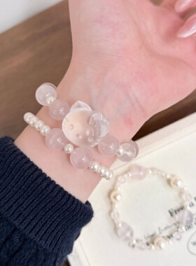 2026新款施家珍珠拼天然粉晶kt猫手链女个性温柔小众仙女百搭手串