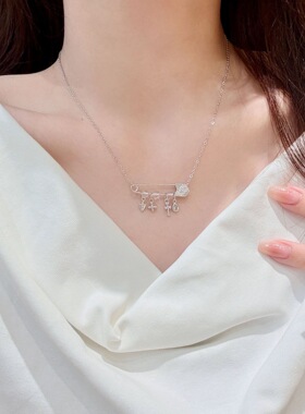 s925纯银十字架白水晶水滴吊坠回形针重工项链女简约灵动锁骨链