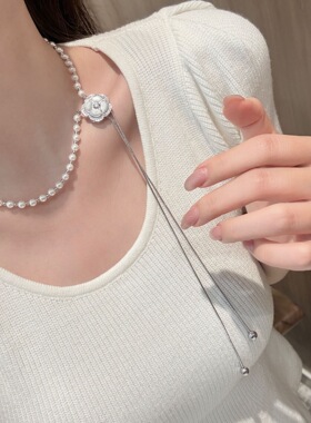 2026新款施家珍珠满钻山茶花抽拉项链女轻奢气质百搭时尚毛衣链