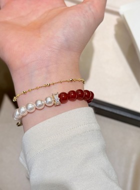 25新款天然红玛瑙拼施家珍珠冰爆白水晶满钻丝带手链女精致手串