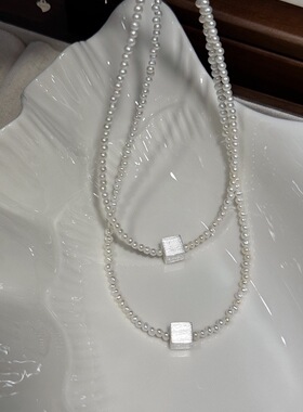 2026新款99足银baby施家珍珠方糖银砖项链女小众时尚高级锁骨链