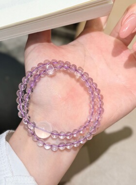 天然白水晶大颗单粉晶串珠双圈手链女气质仙女风小众七夕情侣礼物