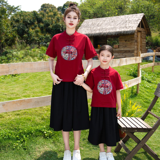 高端亲子装夏季汉服中国风红色T恤潮 一家三四口家庭套装母女裙子