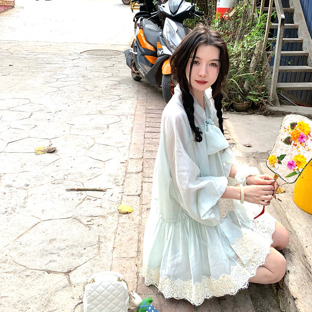 Yu Xiaoping draped jasmine small fresh bow tie sweet tencel embroidered dress loose skirt