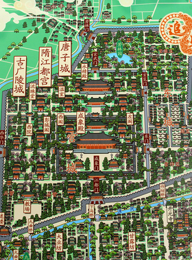 隋唐扬州手绘地图 江都 挂画 80X120cm