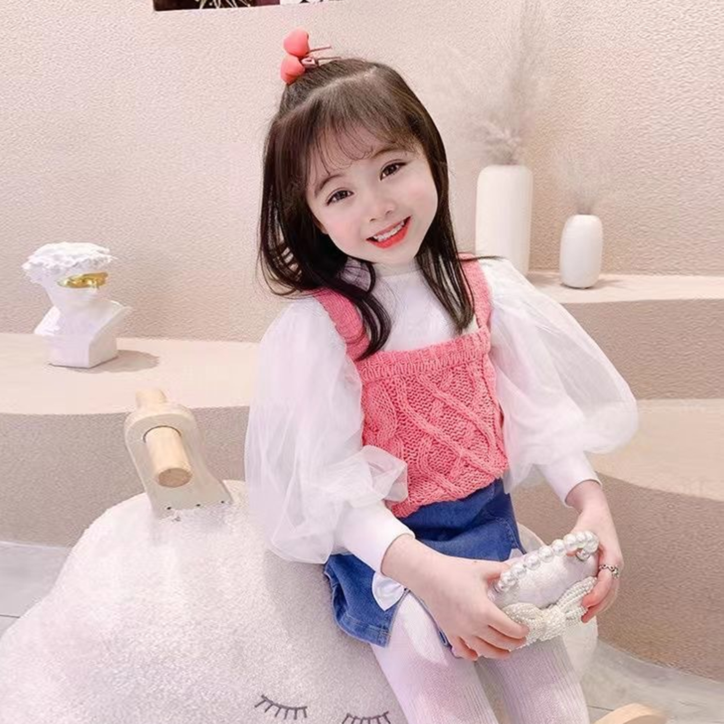 中大童打底衫2025春秋季新款女童韩范洋气网纱公主泡泡袖长袖上衣 - 图2