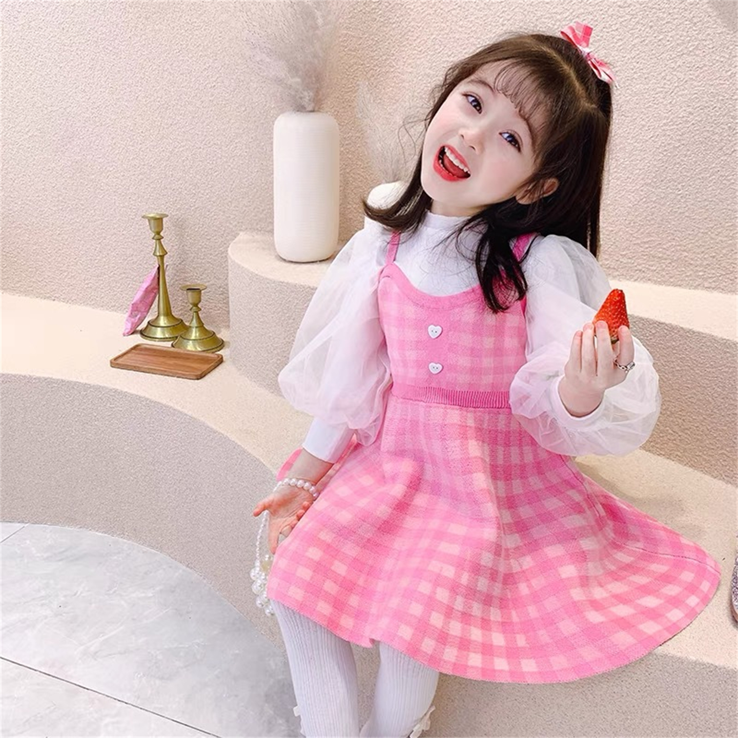 中大童打底衫2025春秋季新款女童韩范洋气网纱公主泡泡袖长袖上衣 - 图1