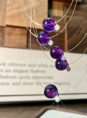 高级感隐形线天然乌拉圭紫水晶白水晶项链通体S925纯银女简约百搭