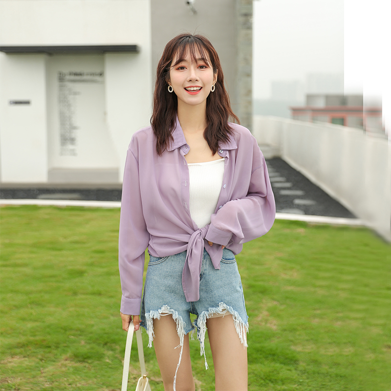 Elegant girl 优美的女孩夏季新款紫色上衣女防晒衣雪纺衬衫长袖薄款空调开衫宽松外套2