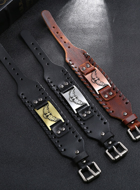 Temu热卖复古编织皮手链 朋克老鹰图腾手环 维京宽皮手镯