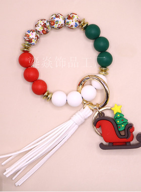 圣诞节硅胶珠钥匙挂件硅胶珠手镯圣诞树包包挂件圣诞雪橇铃铛驼鹿