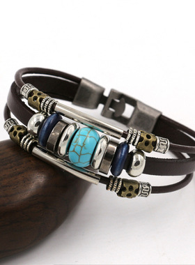西藏 内蒙 新疆风情 绿松石串珠民族PU手链 复古多层时尚个性手饰