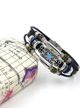 编织皮绳手链复古合金多层串珠手镯情侣饰品Temu热卖DIY手工