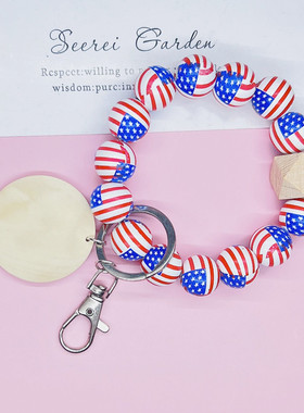 新款Monogram印花木珠手链钥匙扣美国国旗图案手镯MAMA字母手环