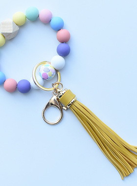 跨境串珠手串钥匙扣创意木珠手环个性彩色硅胶珠流苏包包吊坠
