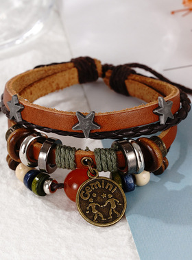 十二星座手环红玛瑙手链朋克复古女士男士铆钉首饰韩版独特多层