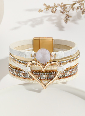 欧美跨境外贸皮绳手链波西米亚多层手环原石爱心手镯女生饰品