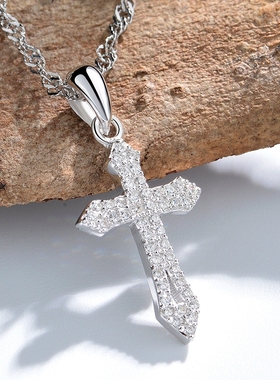 真白银十字架吊坠项链小纯银镶钻