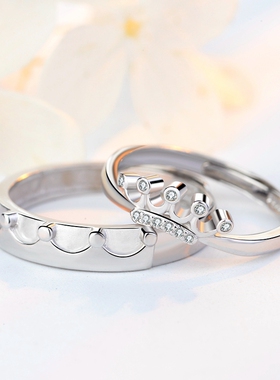 保真S925纯银活口对戒皇冠镶嵌钻欧美开口结婚情侣戒指环礼物刻字