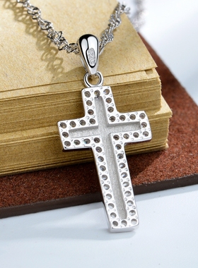 真银子S925银镀白金方正十字架纯银吊坠小男女微镶钻银饰生日刻字