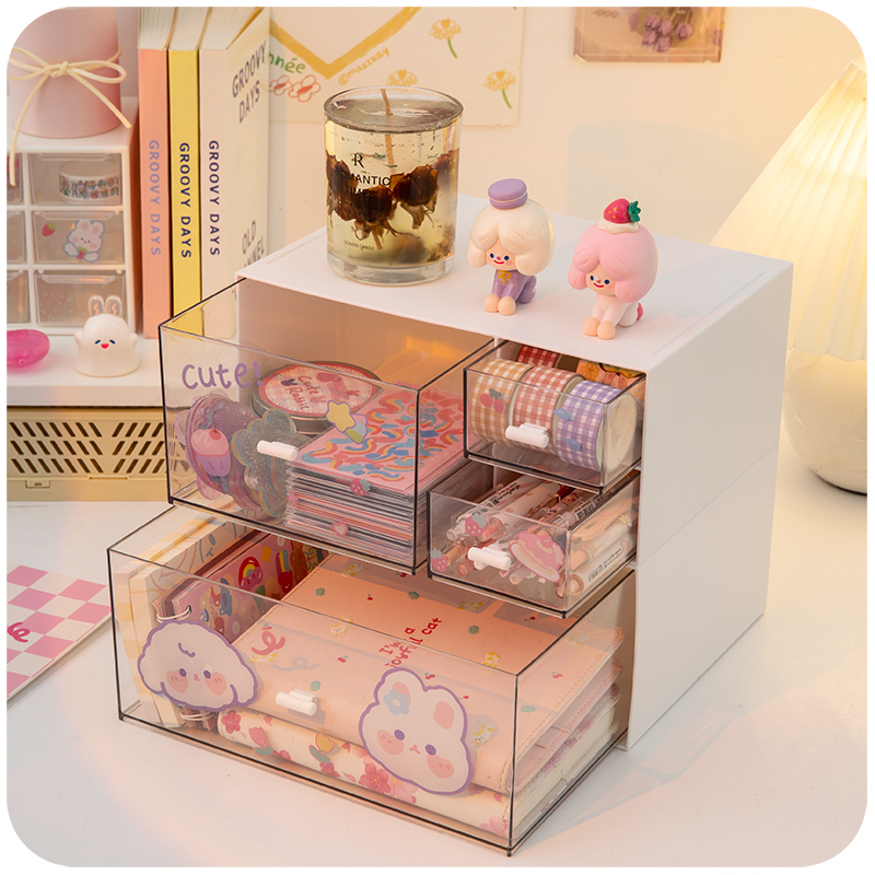 书桌收纳盒ins学生桌面透明抽屉办公笔筒柜文具手帐整理箱置物架 - 图0