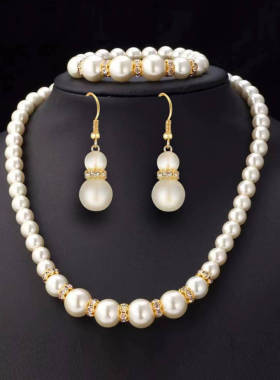 亚马逊wish款仿珍珠项链手链耳环套装三件套 跨境新娘套装饰品女