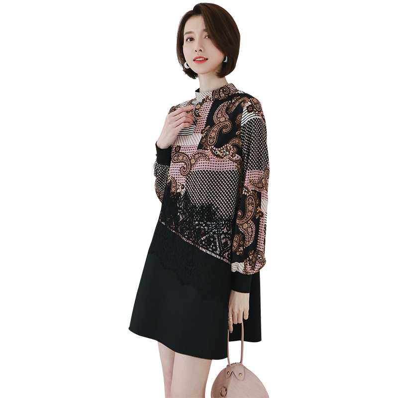 名人瑞裳2019春季雪纺拼接圆领宽松 名人瑞裳连衣裙